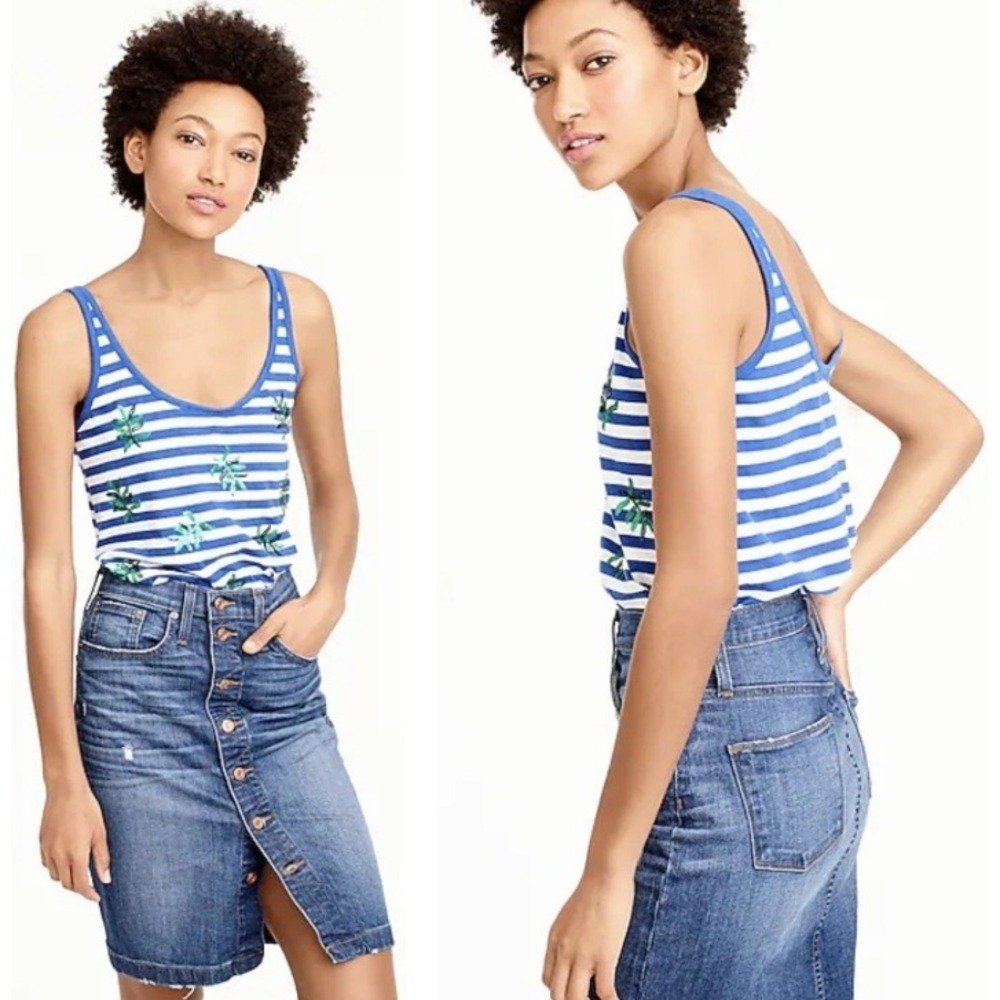 J. Crew XL Blue White Striped Sequin Palm Leaf Tank Top G4869 Cotton Linen Blend